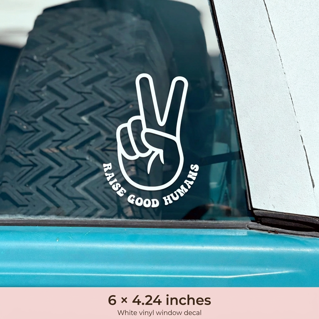Peace-sign decal with brand-pink caption bar
