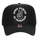 Black youth trucker hat with a white peace-sign hand and “Good Human in Progress” lettering.