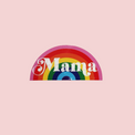 Rainbow-shaped decal with white “Mama” lettering on a pink background.