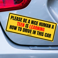Yellow car magnet reading “Please Be a Nice Human: A Teen Is Learning How to Drive in This Car.”