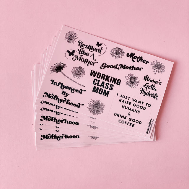 Mom Culture sticker sheets with motherhood slogans and flower illustrations on a pink background.
